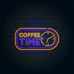 Coffee time neon signboard vector with clock symbol. Vintage styled neon glowing letters shining, Light Banner. Text neon sign.