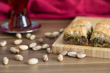 Turkish style Antep baklava with walnut, pistachio for presentation and service 