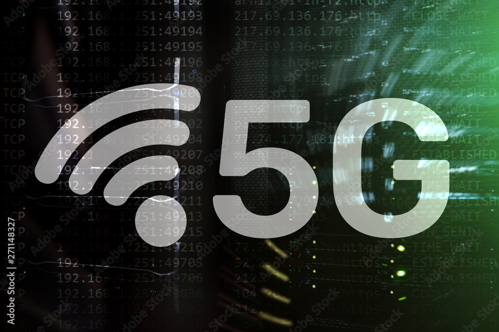 Wall mural 5g network, 5g internet connection concept in digital background. smart communication network concep