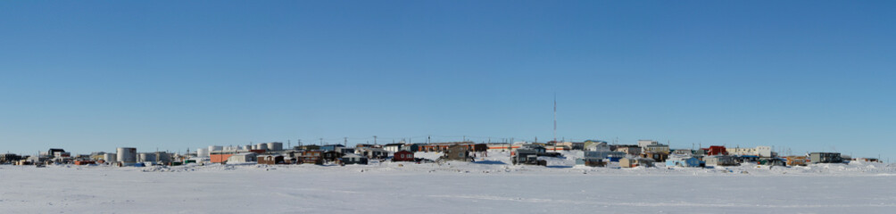 Fototapeta na wymiar Panoramic view of Cambridge Bay, Nunavut, a far northern arctic community, during a sunny winter day