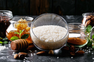 Raw ingredients for cooking rice pudding