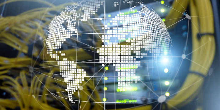 Futuristic modern data center with Holographic 3d planet earth Technology Banner. Telecommunication internet concept.