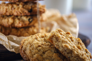 Healthy breakfast. Oatmeal cookies with nuts and raisins and milk