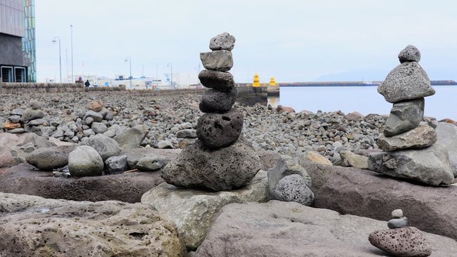 Pile of rocks at the shore  in Reykjavik