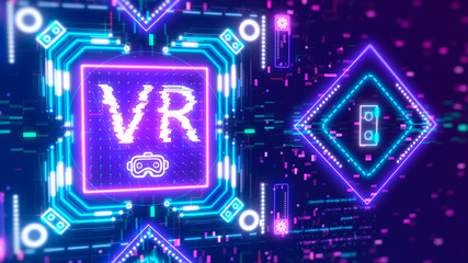 VR symbol on neon digital background. Virtual reality technology sign