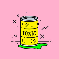 Toxic barrel spill icon. Cartoon radioactive biohazard chemical leak from yellow metal drum symbol isolated on pink background. Vector illustration.