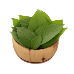 heap of leaves of basil in wooden cup isolated on white background