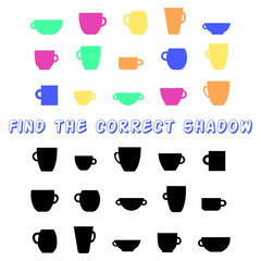 Find the correct shadow of cup of tea. Kids educational game. Empty game for little children.