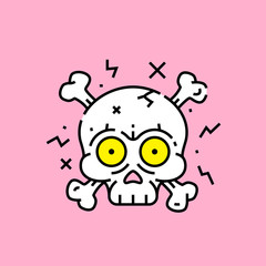 Cartoon skull crossbones icon. Funny halloween skeleton head with yellow eyes isolated on pink background. Vector illustration.