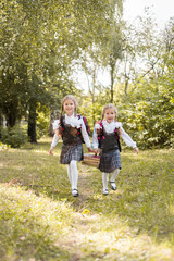 Naklejka na ściany i meble Two schoolgirls carry a stack of books along the path in the park.