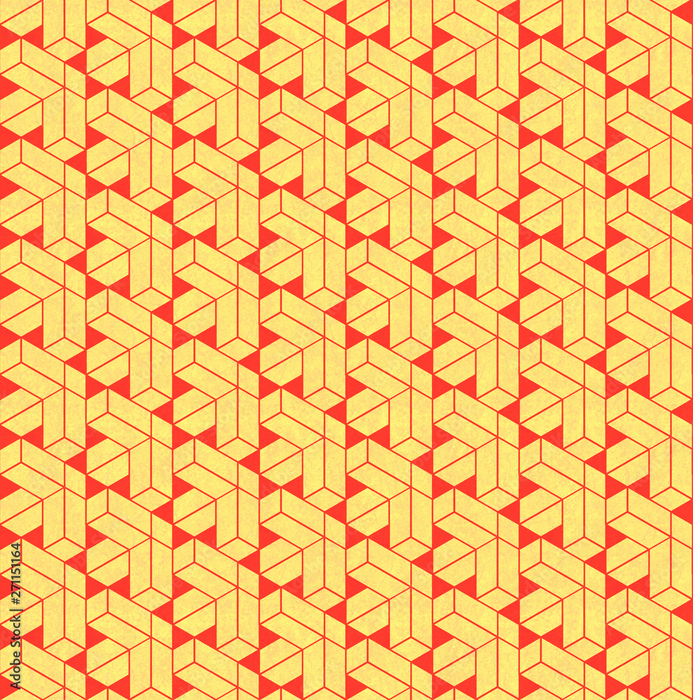 Poster Orange and yellow abstract geometrical seamless pattern on old concrete surface. Modern print design. 3d rendering