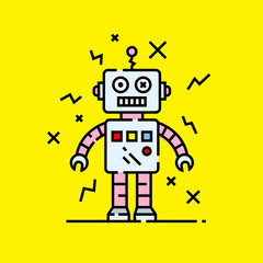 Broken robot icon. Silly damaged robotic character graphic isolated on yellow background. Vector illustration.