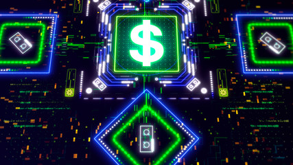 USA dollar money sign futuristic illustration. Money symbol on neon background