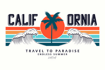 California slogan for t-shirt typography with waves, palm trees and sun. Tee shirt design, trendy apparel print. Vector illustration. - obrazy, fototapety, plakaty