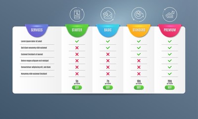 Mobile finance, Send mail and Share idea icons simple set. Comparison table. Demand curve sign. Phone accounting, Sent message, Solution. Statistical report. Business set. Pricing plan. Vector