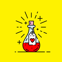 Love potion icon. Love spell magic bottle with red heart graphic isolated on yellow background. Vector illustration.