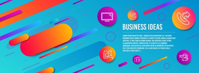 Header banner. Dollar wallet, Monitor and 24h service icons simple set. Search map, Share call and People signs. Cash money, Computer component. Business set. Line dollar wallet icon. Vector