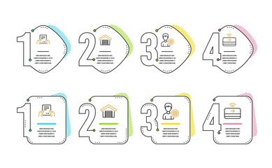 Receive file, Parking garage and Support icons simple set. Contactless payment sign. Hold document, Car place, Edit profile. Financial payment. Business set. Infographic timeline. Vector