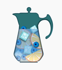 Pitcher of detox water: orange, blueberries, ice. Paper cut style. Vector