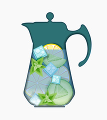 Pitcher of detox water: lemon, cucumber, mint, ice. Paper cut style. Vector