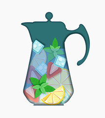 Pitcher of detox water: strawberries, lemon, mint, ice. Paper cut style. Vector