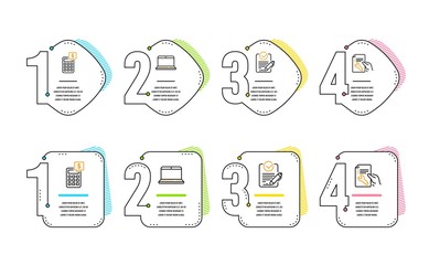 Rfp, Notebook and Calculator icons simple set. Repair document sign. Request for proposal, Laptop computer, Money management. Spanner tool. Business set. Infographic timeline. Line rfp icon. Vector