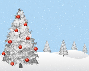 Festive winter landscape in the snowfall. Snowy decorated christmas tree with red ornaments, pines and hills. Light blue sky in the background.