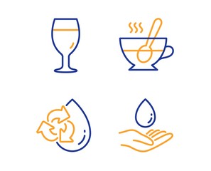 Recycle water, Beer glass and Tea cup icons simple set. Water care sign. Refill aqua, Brewery beverage, Coffee with spoon. Aqua drop. Food and drink set. Linear recycle water icon. Colorful design set