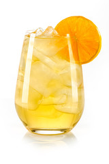 orange yellow drink with ice cubes and orange slice on white background, isolated