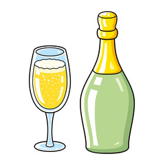 Champagne sparkling wine glass and bottle isolated