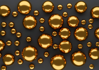 golden drops on black background. Abstract concept. 3d illustration