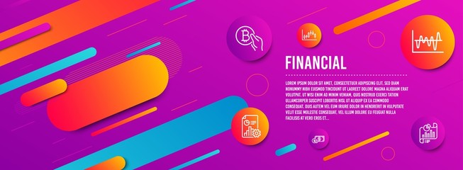Header banner. Bitcoin pay, Candlestick graph and Dollar money icons simple set. Stock analysis, Report and Report document signs. Cryptocurrency coin, Finance chart. Finance set. Vector