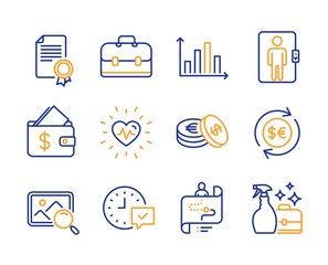 Journey path, Money currency and Certificate icons simple set. Elevator, Portfolio and Select alarm signs. Search photo, Savings and Wallet symbols. Line journey path icon. Colorful set. Vector