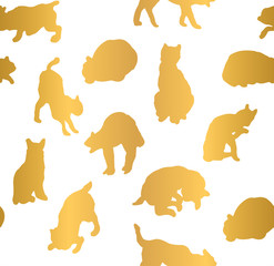 Simple silhouette golden filled cats in different positions. Seamless pattern with white background and gold foil effect. Background kittens for fashion, textile, wrapping paper and wallpaper
