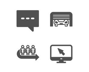 Obraz premium Set of Parking garage, Blog and Queue icons. Internet sign. Automatic door, Chat message, People waiting. Monitor with cursor. Classic design parking garage icon. Flat design. Vector