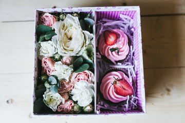 Multicolored handmade marshmallows in a gift box