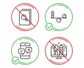 Do or Stop. Search files, Balance and Phone survey icons simple set. Creative design sign. Magnifying glass, Concentration, Mobile quiz test. Designer. Education set. Line search files do icon