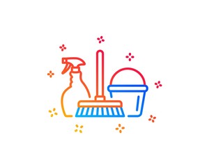 Cleaning service line icon. Spray, bucket and mop symbol. Housekeeping equipment sign. Gradient design elements. Linear household service icon. Random shapes. Vector