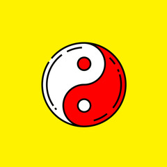 Red Yin and Yang symbol. Chinese Taoism icon isolated on yellow background. Vector illustration.