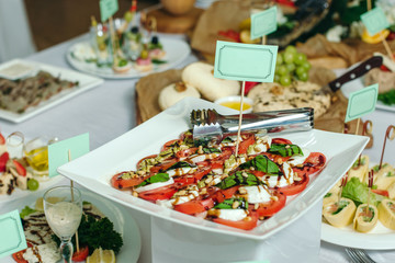Fresh italian caprese salad with mozzarella and tomatoes on white plate.