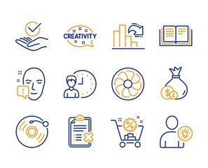 Working hours, Face attention and Approved icons simple set. Decreasing graph, Reject checklist and Shopping cart signs. Vinyl record, Cash and Fan engine symbols. Line working hours icon. Vector