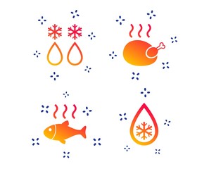 Defrosting drop and snowflake icons. Hot fish and chicken signs. From ice to water symbol. Random dynamic shapes. Gradient defrosting icon. Vector