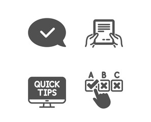 Set of Receive file, Approved message and Web tutorials icons. Correct checkbox sign. Hold document, Accepted chat, Quick tips. Answer.  Classic design receive file icon. Flat design. Vector