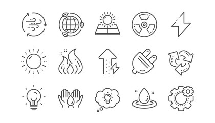 Energy line icons. Solar panels, wind energy and electric thunder bolt. Fire flame, hazard, green ecology icons. Linear set. Vector