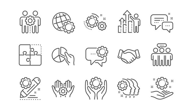 Employees benefits line icons. Business strategy, handshake and people collaboration. Teamwork, social responsibility, people relationship icons. Linear set. Vector
