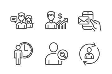 Find user, People talking and Waiting icons simple set. Business growth, Messenger mail and Person info signs. Search person, Contact service. People set. Line find user icon. Editable stroke. Vector