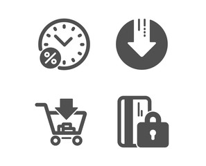 Set of Loan percent, Download arrow and Shopping icons. Blocked card sign. Discount, Crisis, Add to cart. Private money.  Classic design loan percent icon. Flat design. Vector
