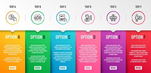 Naklejka premium Third party, Recruitment and Sharing economy icons simple set. Bitcoin pay, Parcel invoice and Like signs. Team leader, Manager change. People set. Infographic template. 6 steps timeline. Vector