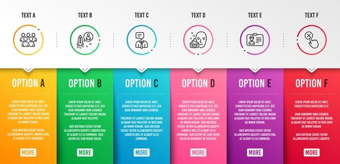 Support service, Group and Face cream icons simple set. Identification card, Startup and Reject click signs. Human talking, Developers. People set. Infographic template. 6 steps timeline. Vector