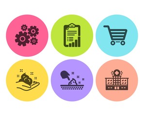 Market sale, Skin care and Checklist icons simple set. Skin moisture, Cogwheel and Hospital building signs. Customer buying, Hand cream. Business set. Flat market sale icon. Circle button. Vector